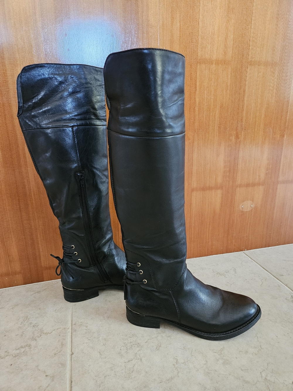 Steve Madden Women's Black Over-the-Knee Leather Boots with Back Lace Detail